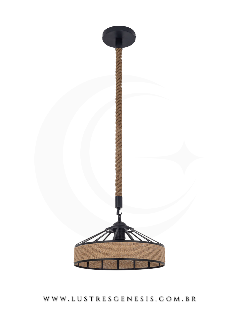 Pendente moderno Trapiche preto com detalhes em corda sisal para balc&atilde;o de cozinha e &aacute;rea gourmet